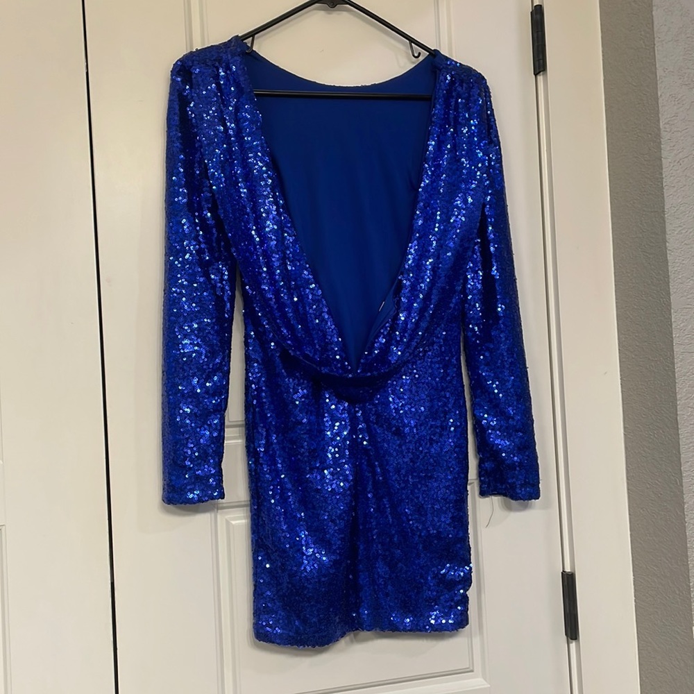 Blue sequin dress with sash in back